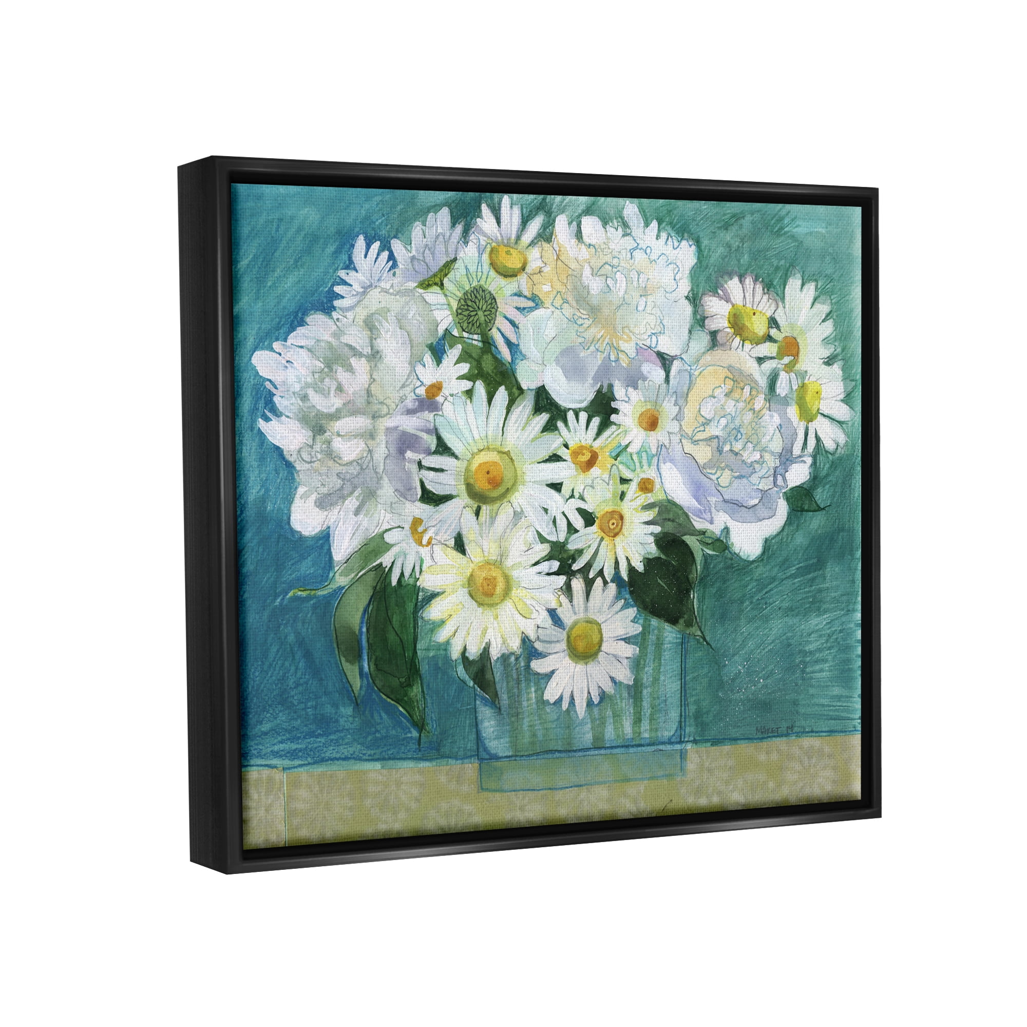 Stupell Industries Mixed White Flower Blossoms Layered Collage Drawing Painting Jet Black Floating Framed Canvas Print Wall Art, Design by Maret Hensick