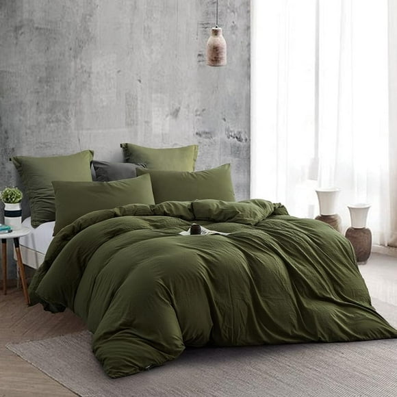 Green Duvet Cover Set Queen Size  Moss Green Solid Color