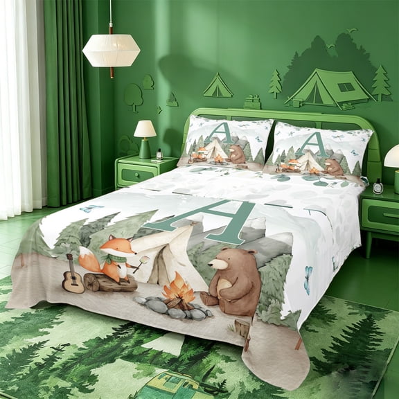 meiyoeat Boys Camper Bed Sheets For Boys,Green A Alphabet Full Size Sheets,4 Pieces,1 Flat Sheet,1 Fitted Sheet and 2 Pillowcases