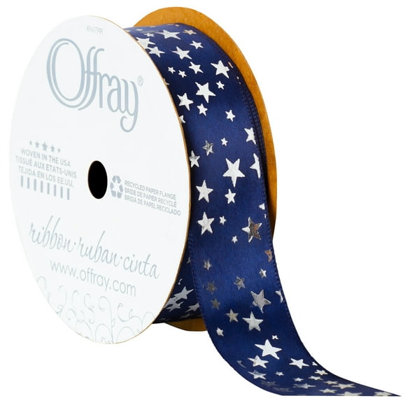 Offray Ribbon, Navy 7/8 inch Silver Stars Satin Ribbon, 9 feet