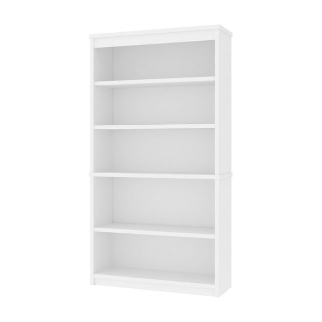Bestar Universel 36-inch wide white bookcase in Antigua finish with five open shelves for storage