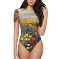 thumbnail image 1 of Saiise Motif Prairie de Fleurs Sauvages Vibrantes Combinaison à Manches Courtes pour Femmes Col Rond Pyjama Justaucorps Extensible avec Fermeture à Pression-TG, 1 of 7