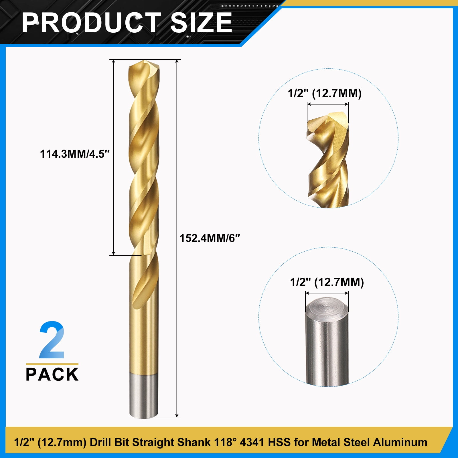 Uxcell 1/2" Drill Bit, Jobber Straight Shank 4341 High-Speed Steel 11 Drill Bit, Jobber Straight Shank 4341 High-Speed Steel 118° TiN Coated for Medium-hard Metal Steel Acrylic - 2 Pack