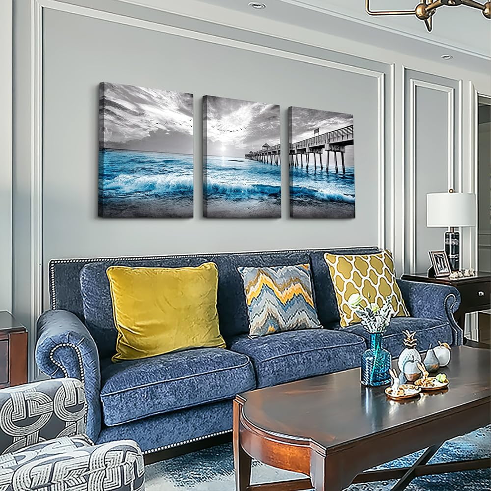 Black And White Beach Wall Paintings Wall Decorations For Living Room Canvas Wall Art For Bedroom Office Wall Decor Blue Ocean Sea Wave Pictures Prints Artwork Modern Home Decor 3 Piece