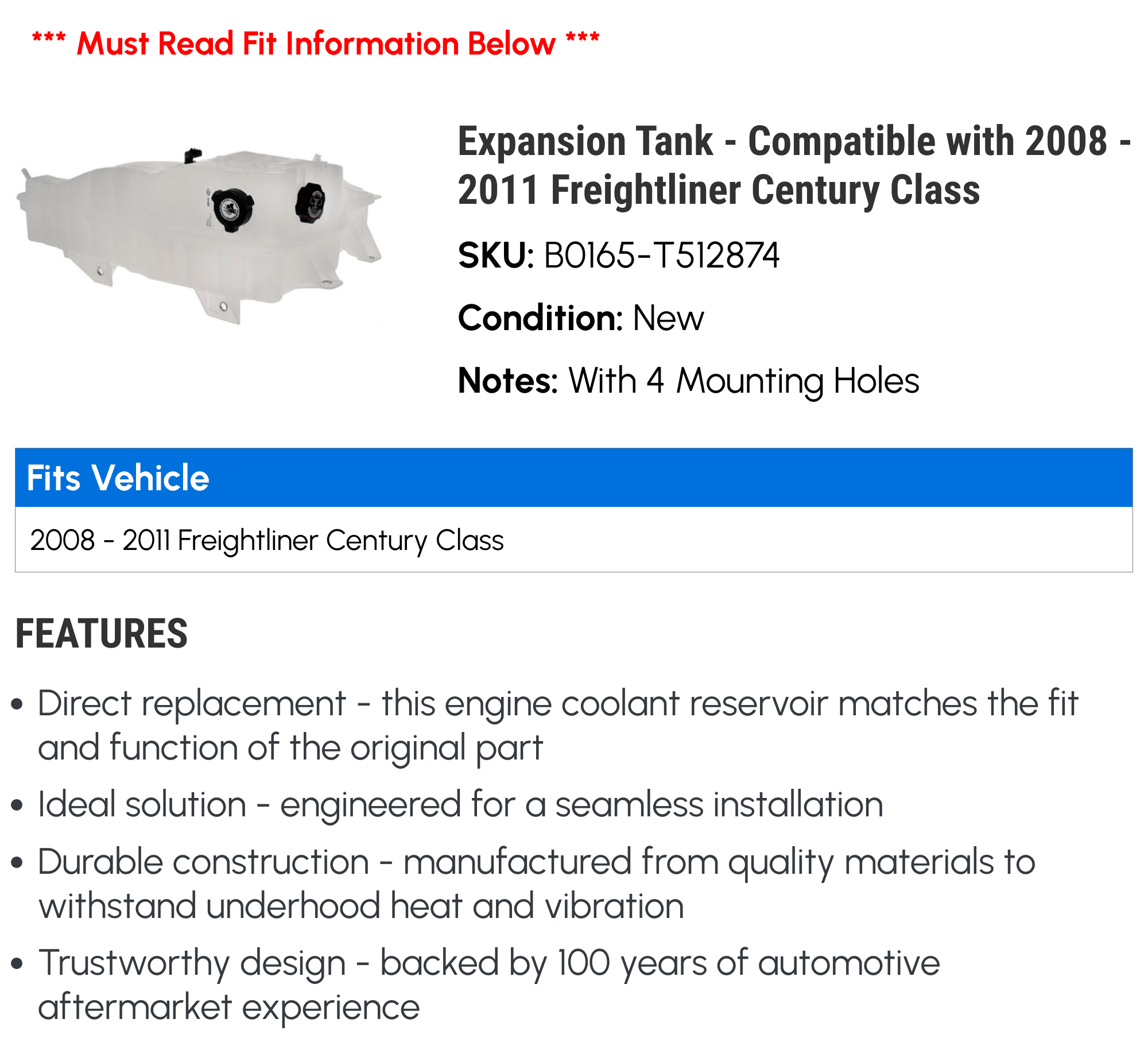 Expansion Tank - Compatible with 2008 - 2011 Freightliner Century Class - Dorman