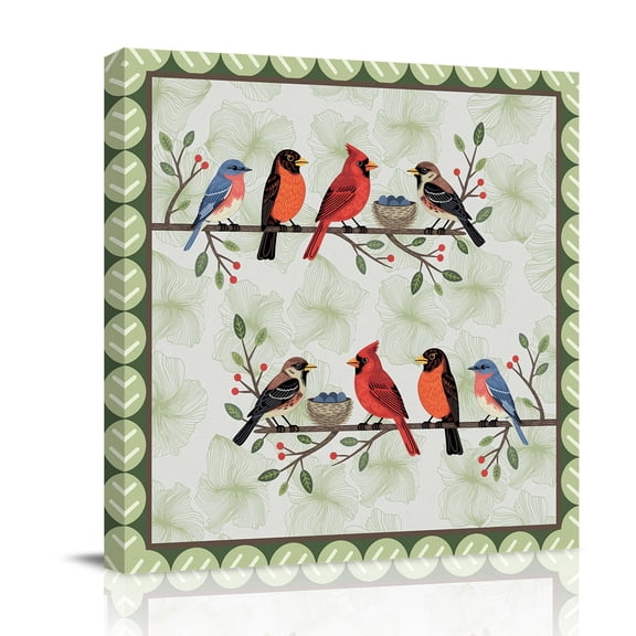 Canvas Wall Art Spring Cardinal Canvas Art Print Birds Light Green Leaf Background Rustic Country Pictures Wall Decor for Living Room Bedroom Artwork Decorations Stretched Framed Ready to Hang 8"x8"