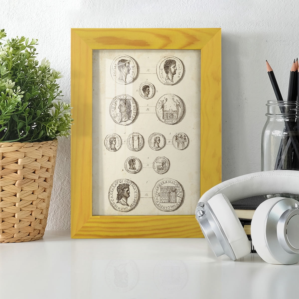 Antique Roman Coins I -Framed Print w/glass-Sunflower Yellow