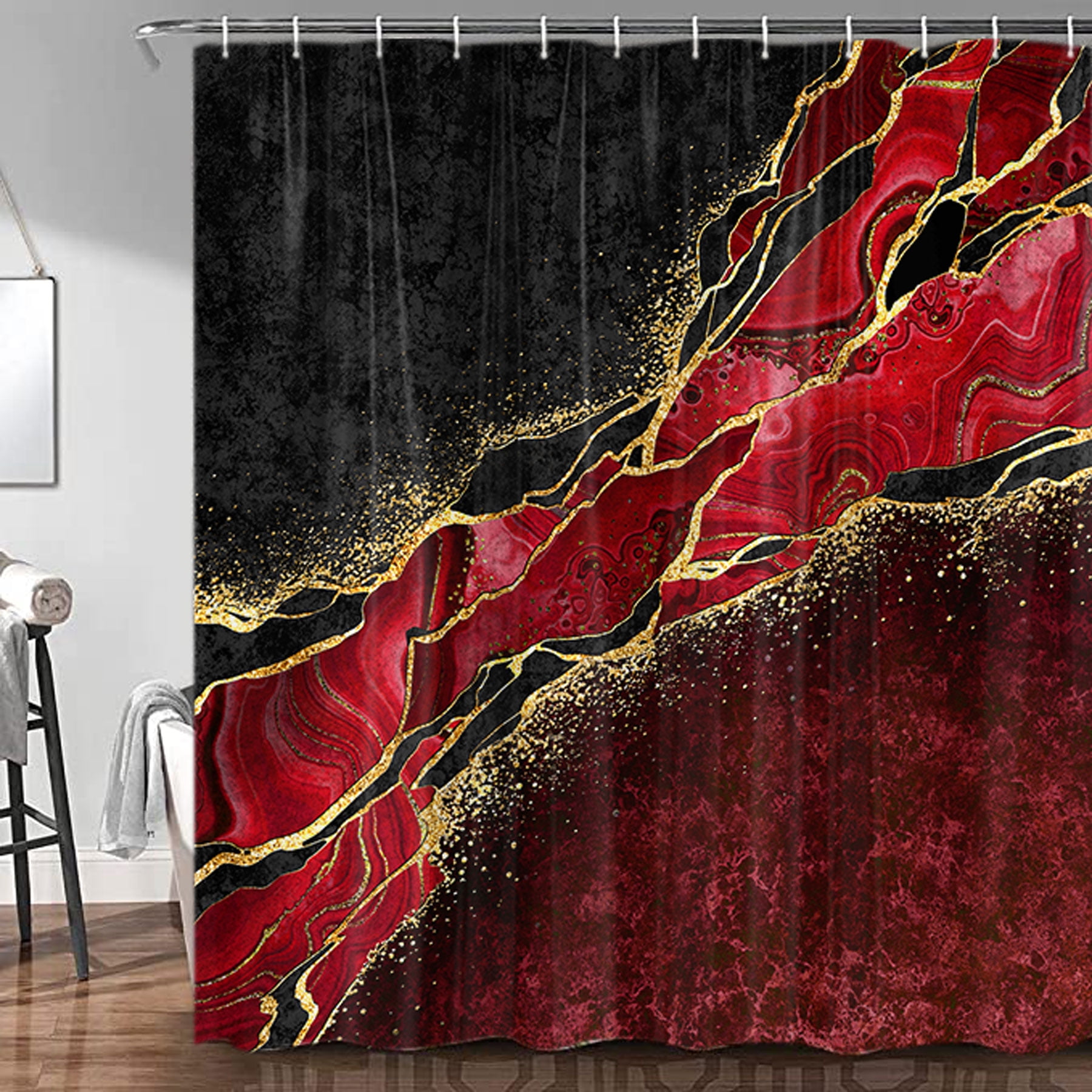 Chili Red Marble Shower Curtain, Cool Gold Crack Red Black Shower Curtain Set, Abstract Trippy Waterproof Shower Curtain Marble with Hooks,60X70IN