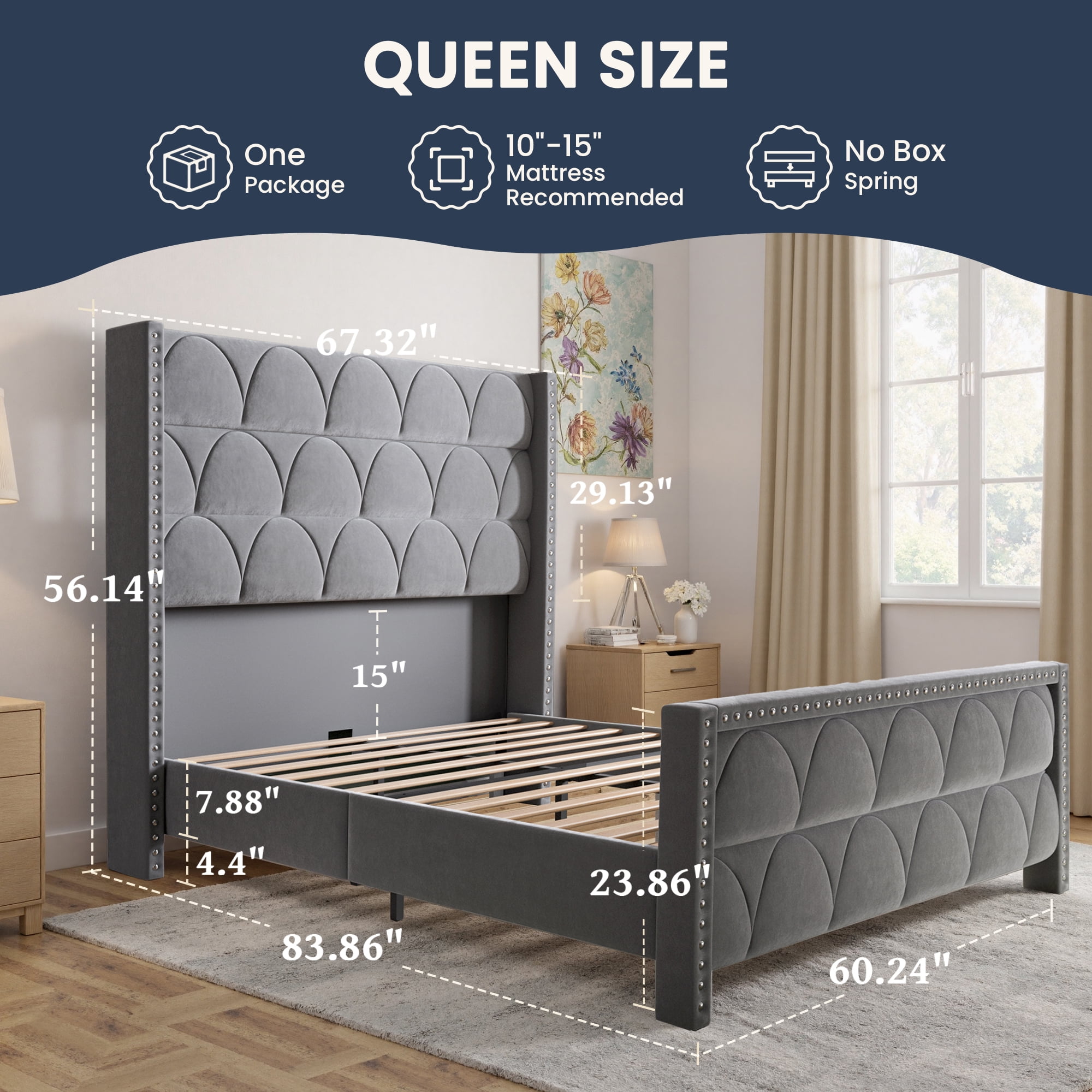 56" Velvet Upholstered Bed Frame with Wingback Headboard, Nailhead Trim, Wood Slat Support, No Box Spring Required