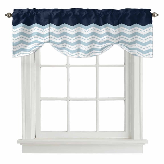 Blue Chevron Tie Up Valance Curtains for Windows, Kitchen Curtains Window Treatments, Geometric Black Print Wavy Striped White Short Window Shades Valances for Bedroom Bathroom Cafe 54"x18"