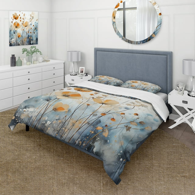 Designart "Orange Blue Muted botanics II" Abstract Botanicals Bedding Covert Set - Modern Orange Abstract Bed Set With 2 Shams