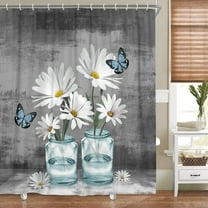 Rustic Farmhouse Floral Shower Curtain Set Grey Gray Teal Flowers Fabric Bath Curtain Butterfly Daisy American Country Wooden Farm Style wiht 12PCS Hooks 72×72IN Turquoise
