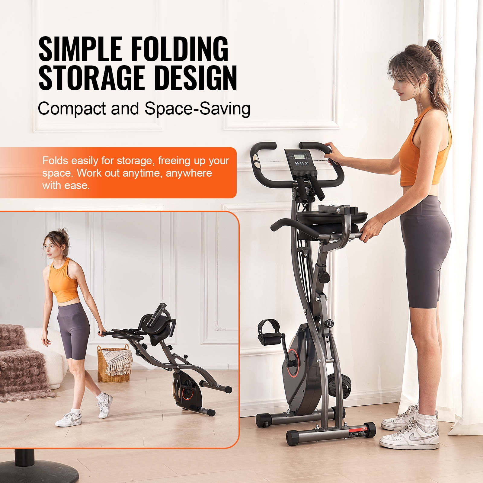 KFFKFF Collapsible Workout Bicycle, Adjustable Resistance Home Gym Bike, Upright Indoor Exercise Cycle with Comfort Seat, LCD Display for Fitness Training