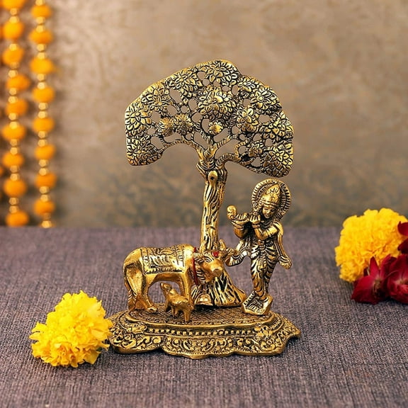 Tied Ribbons Lord Krishna with Cow and Calf Under Tree Brass Idol