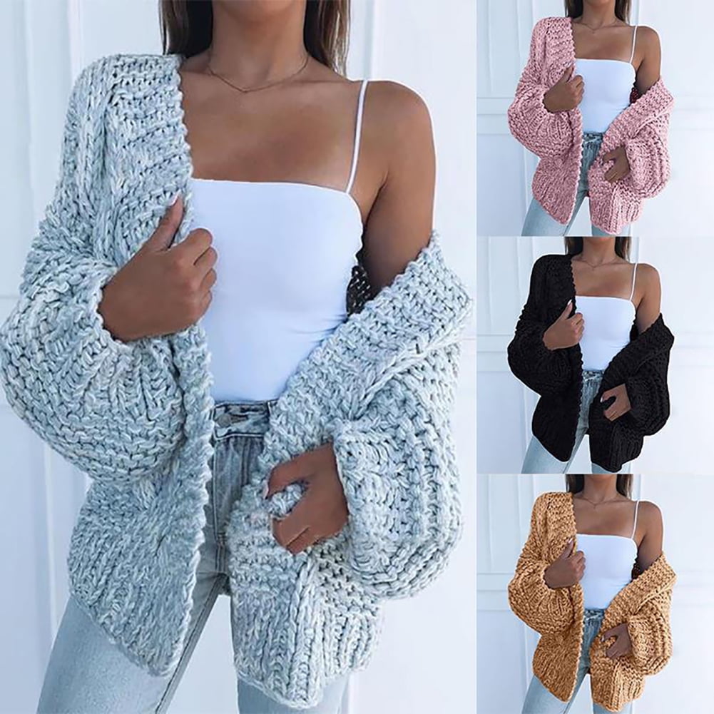 Casual Ladies Puff Sleeve Women Coat Knitted Sweater Front  Open  Cardigan