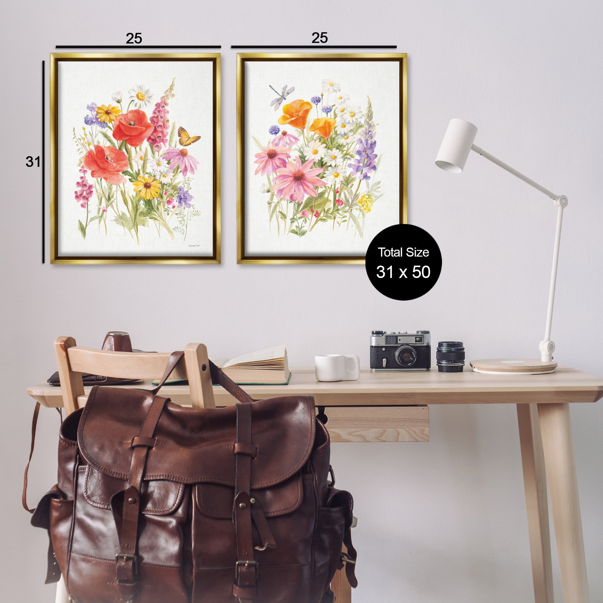 Stupell Industries Wildflowers in Bloom Insects Plants & Flowers Painting Gold Floater Framed Canvas Art Print Wall Art, 31 x 25, Set of 2