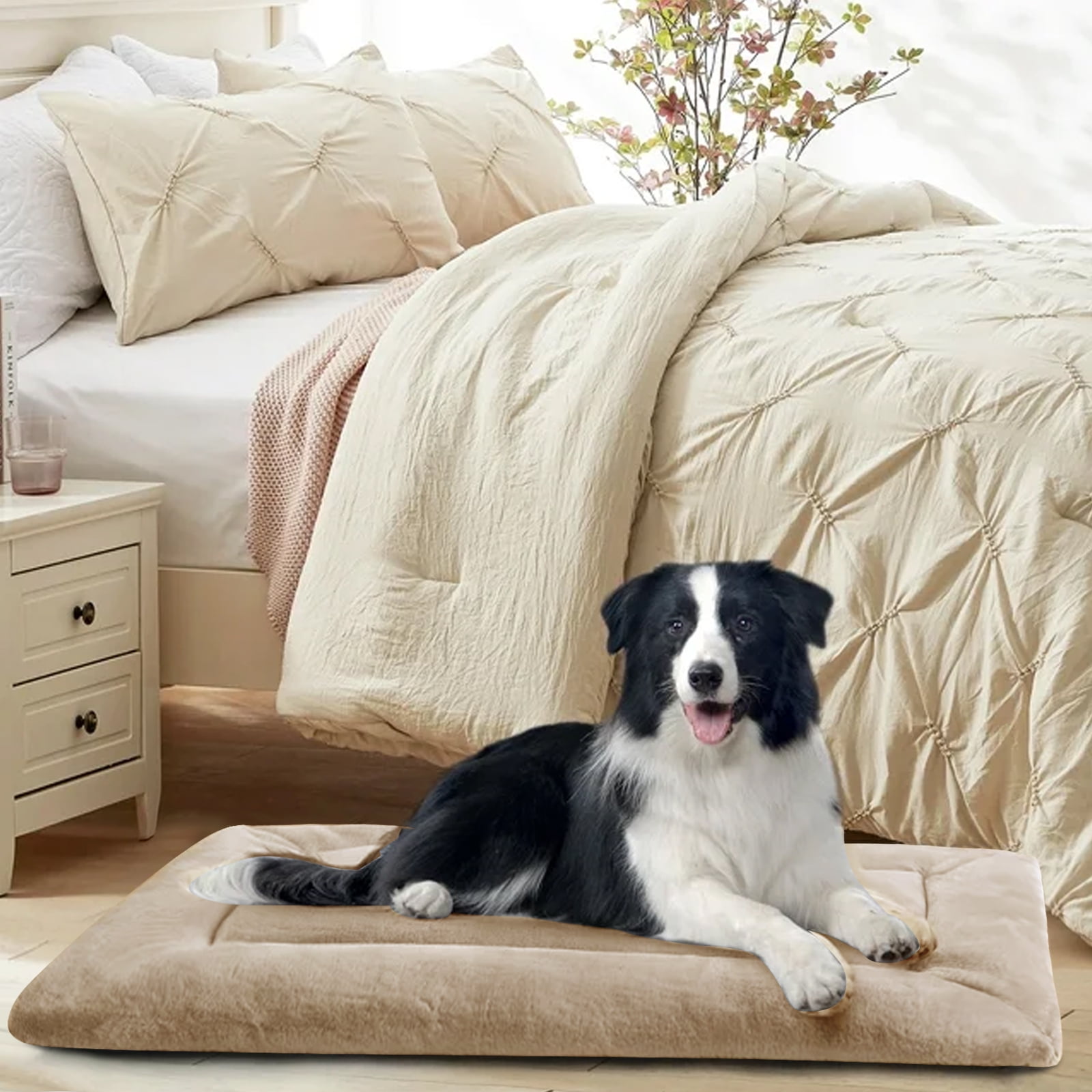MERITLIFE Plush Washable Dog Bed Ultra Soft Dog Crate Mat Kennel Pad,Anti-Slip Pet Sleeping Bed for Small Medium Large Dogs,Beige 48" x 30"