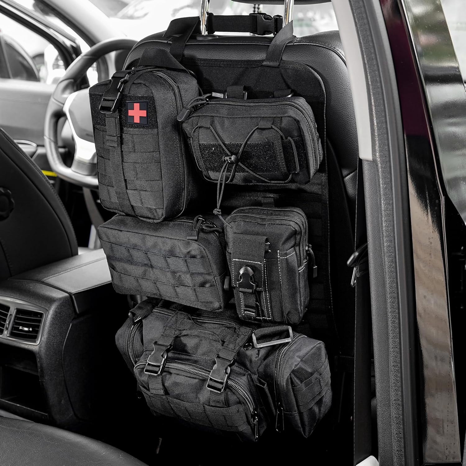 Tactical Car Seat Back Organizer,Back Seat Organizer with 5 Detachable Molle Pouches,Molle Panel Organizer Fits for Vehicel Such as Jeep,Truck,SUV, Car