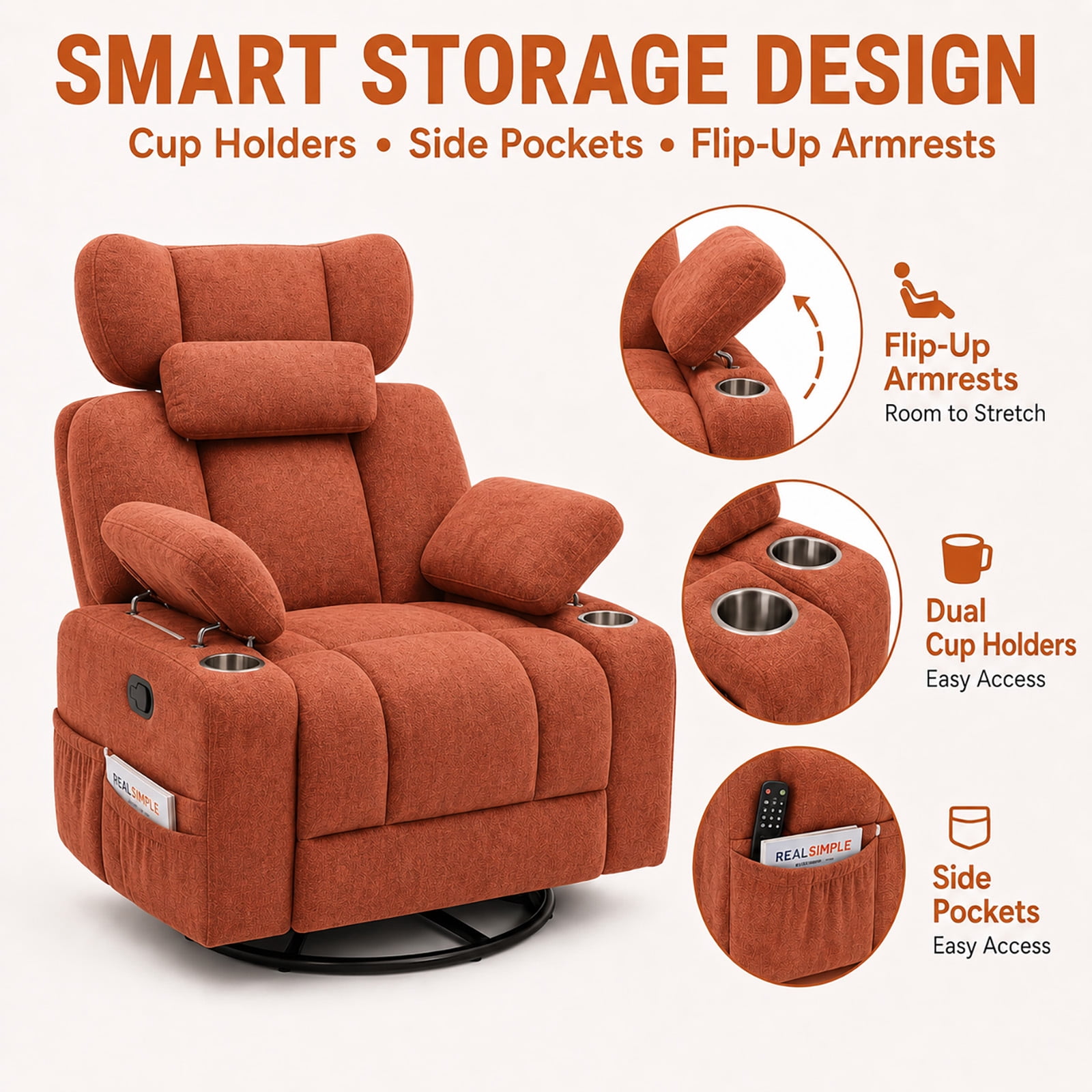 Leumius 360° Swivel Recliner Chair, Single Recliner with Adjustable Detachable Neck Pillow Ergonomic and Cup Holders, 300lbs Capacity Versatile Lounge Chair for Living Room Bedroom Home Theater