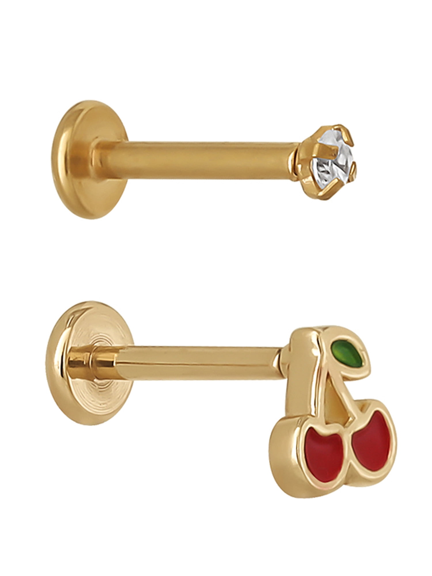No Boundaries Women's Gold Tone Stainless Steel Cherry and Cubic Zirconia Flatback Cartilage Earrings, 2 Piece Set