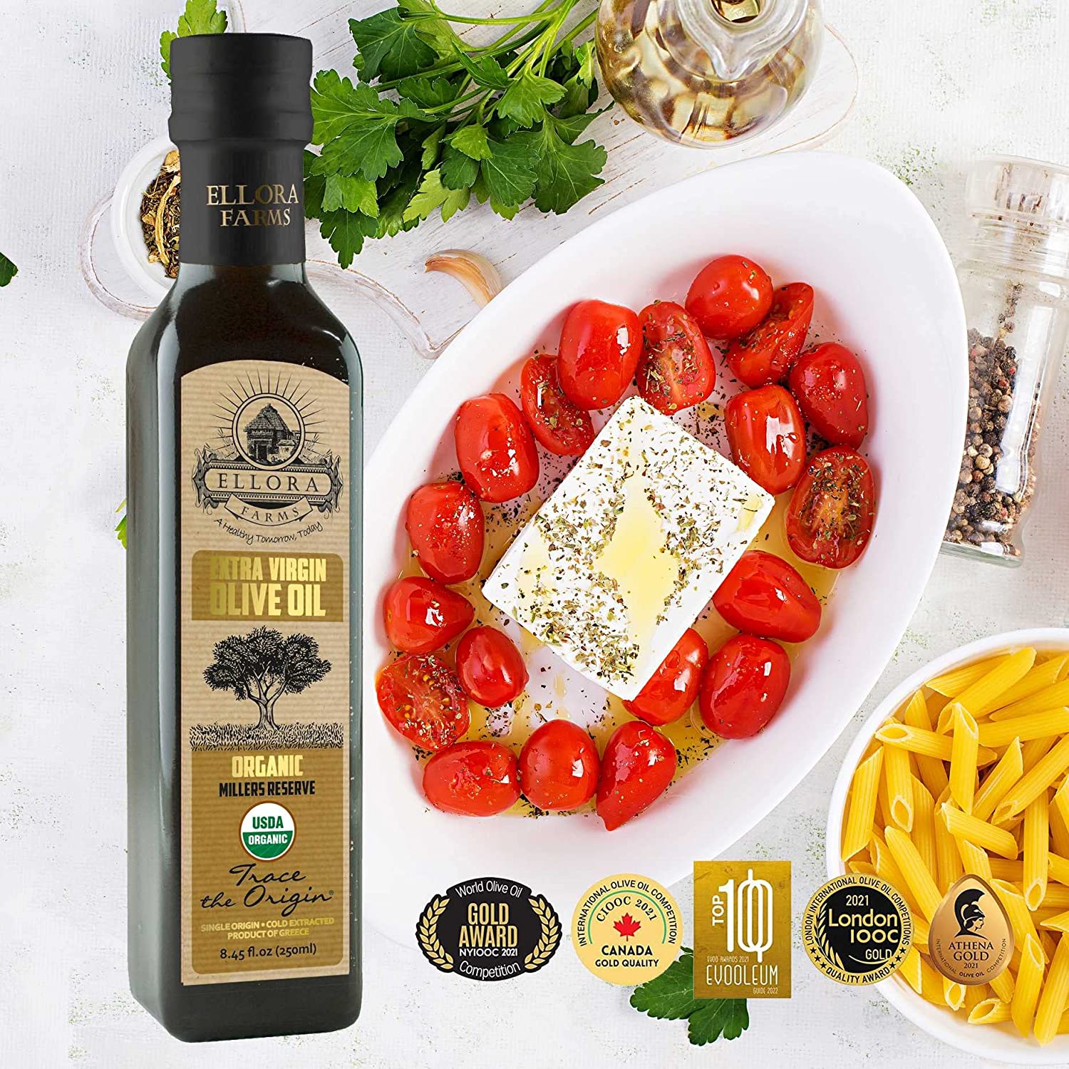 Ellora Farms, 100% Organic Greek Extra Virgin Olive Oil, Traceable, Gold Award Winner, 8.45 oz., Pack of 2