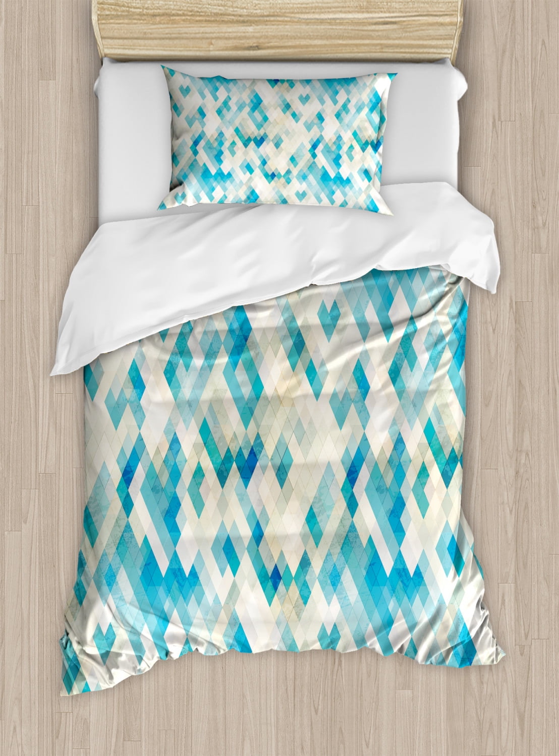 Geometric Duvet Cover Set, Blue Themed Hexagonal Shaped Abstract Modern
