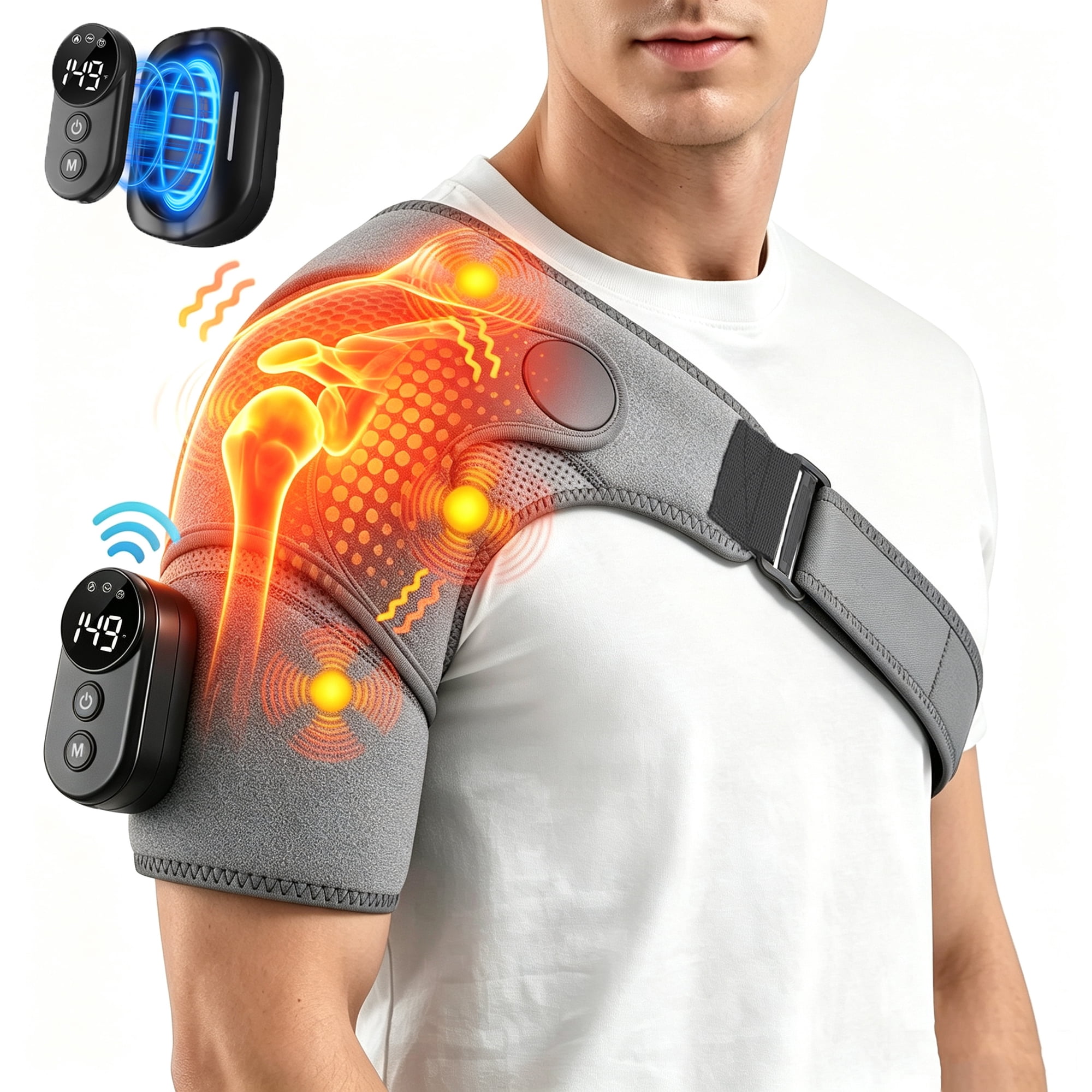 Heated Shoulder Wrap Brace with Massage, Electric Shoulder Heating Pad with Detachable Remote, Cordless Shoulder Massager with 5 Heat and 5 Vibration