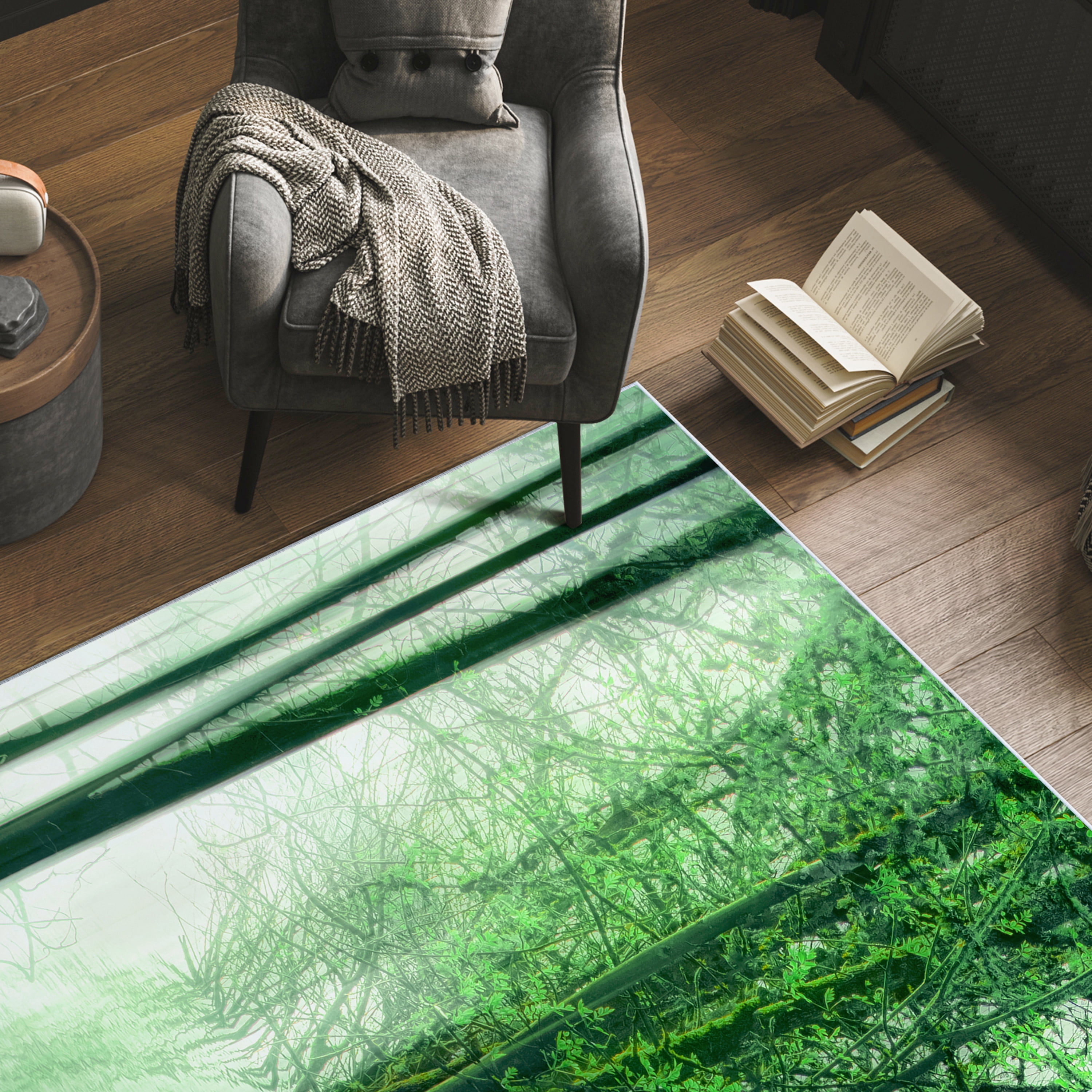 Forest in The Lake Washable Green Art Area Rug size 5'x8', Power-loomed, Heavenly Softness with Non-Slipping Backing