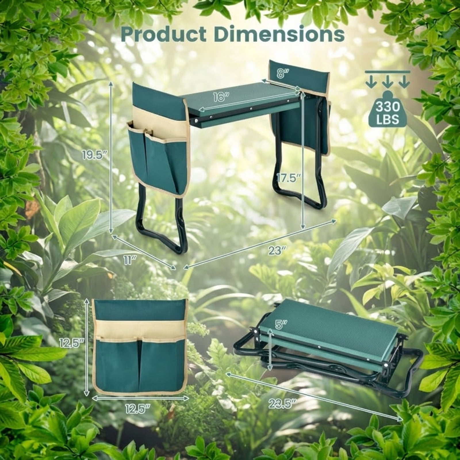 Biotree Folding Garden Kneeler and Seat Bench with EVA Foam Pad and Tool Pouches 330 lbs Capacity Steel Frame Green - Portable Outdoor Gardening Stool