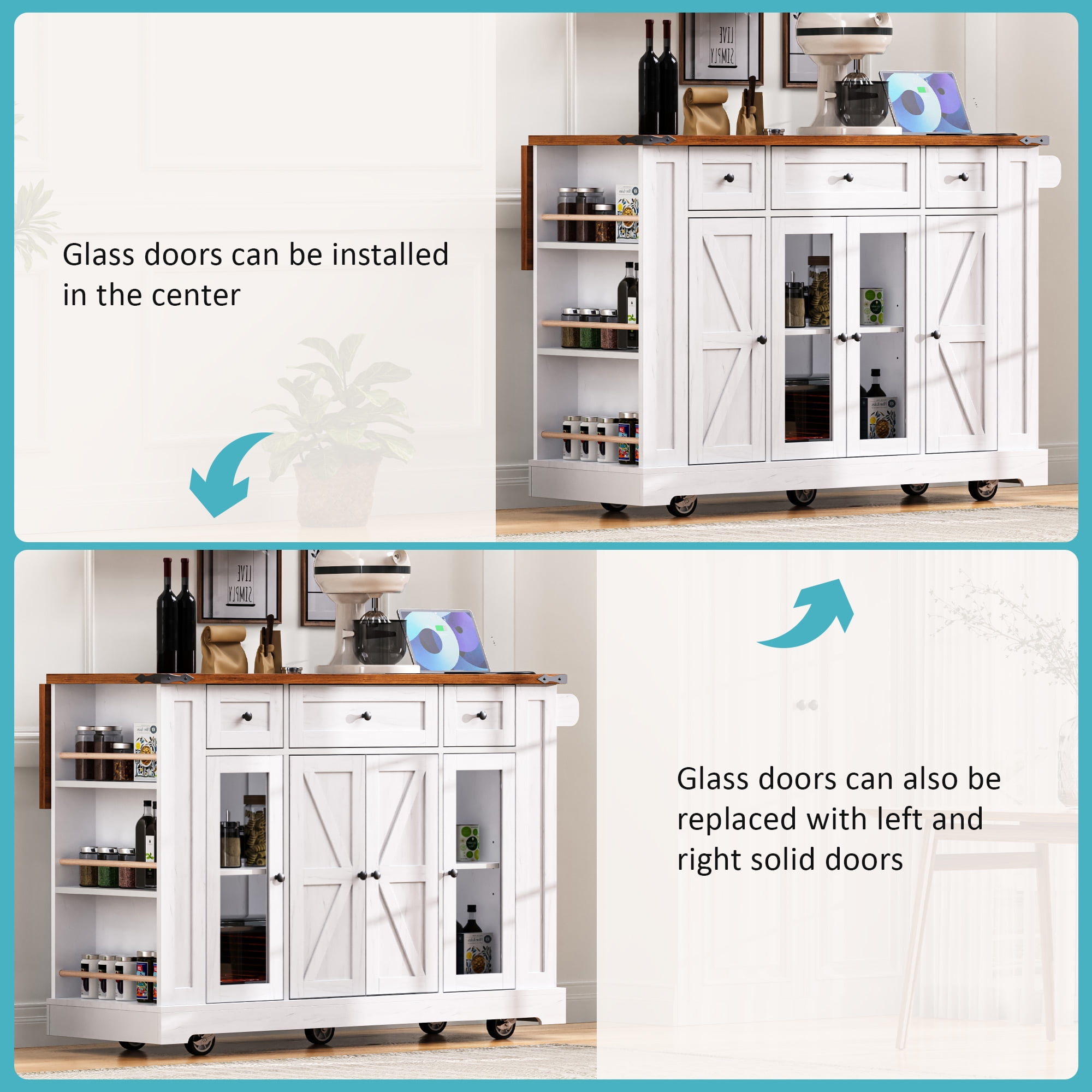 Euroco 53'' Farmhouse Kitchen Island with Two Tempered Glass Cabinet Doors，Rolling Kitchen Cart on Wheels