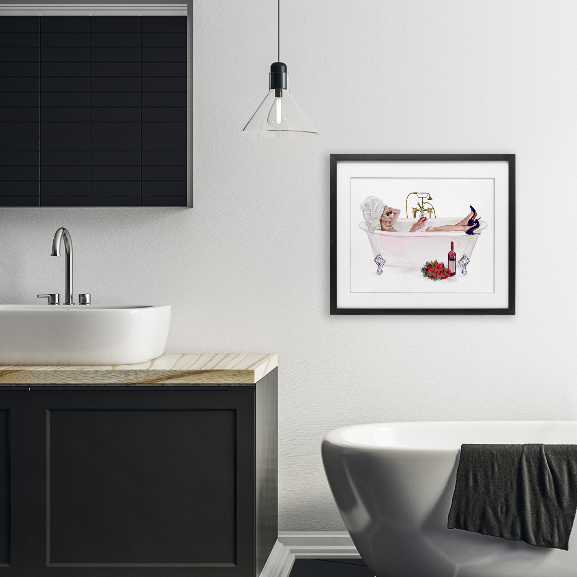 Woman with Wine Bath Black Framed Print Under Glass, design by Ziwei Li