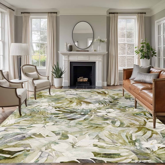 Area Rug for Living Room, Tropical Leaf Non-Slip Indoor Large Carpet for Bedroom/Dining Room, Palm Leaves Plants Vintage Spring Green Washable Low-Profile Rectangle Floor Runner Rugs - 5 x 7 Ft