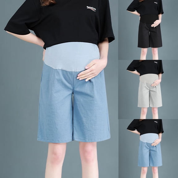 pstuiky Maternity Shorts with Pockets Women's Plus Size Shorts Fashion Solid Color Cotton Linen Shorts Capris for Women over the Belly Pregnancy Shorts Loose Comfy Clothes Summer
