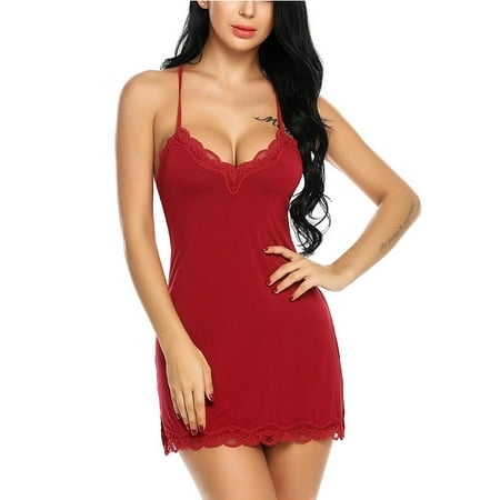 

QWERTYU Eyelash Chemise for Women Lace Sexy Teddy Sleepwear Nightgown Spaghetti Strap Babydoll Red S