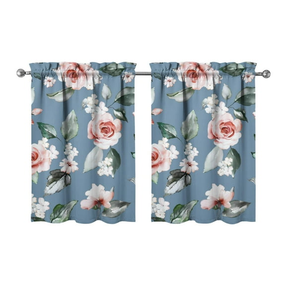 Vintage Botanical Kitchen Curtains Set of 2 - 27.5x36 Inch Small Floral Design, Semi-Sheer Rod Pocket Window Panels