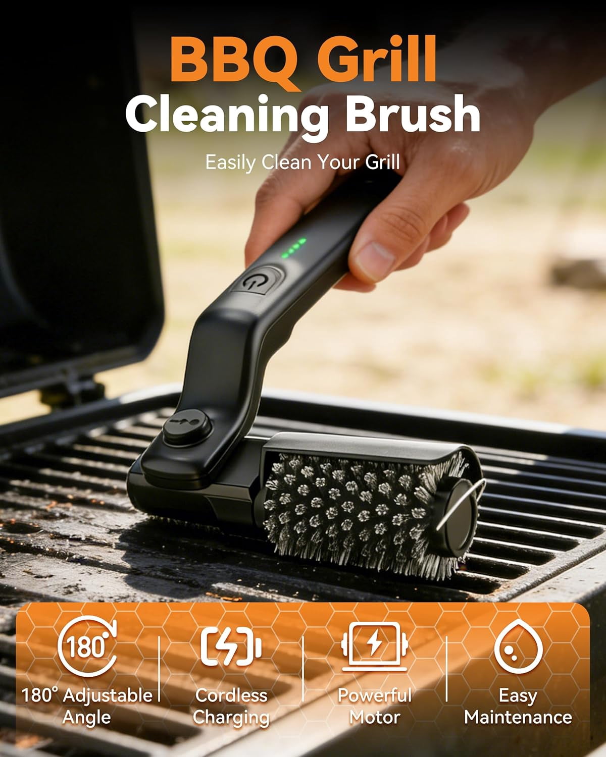 Electric with 3-Speeds, 2026 Upgraded Angle Adjust Cordless Rotary BBQ Grill Cleaning Brush for Burnt-On Grease, 20kg Max Torque, Heavy‑Duty Steel Bristles