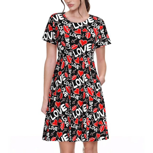 Balery Graffiti Valentine Day Vestidos sueltos de manga corta para mujer, vestidos de verano 2025, vestidos casuales de corte A con vuelo.