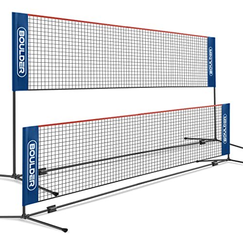 Boulder Portable Badminton Net Set - for Volleyball, Tennis, Soccer Tennis, Pickleball, and Backyard Games - Easy Setup Nylon Sports Net with Poles (Blue/Red, 14 FT)
