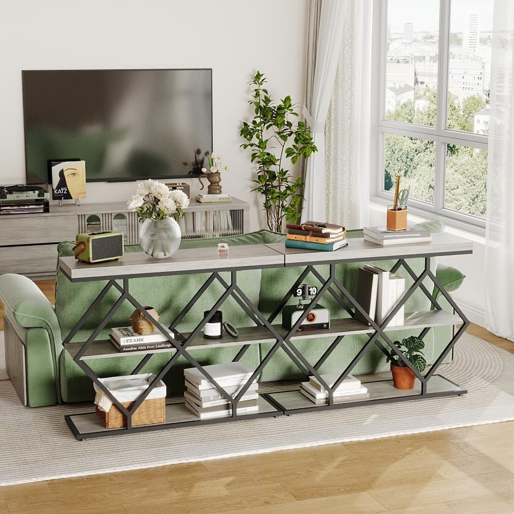 Industrial 3-Tier Entryway Table, Console Sofa Table with Open Shelves, X-Shaped Metal Frame, Foyer Accent Table for Entryway, Hallway