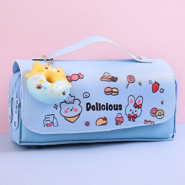 Estuche para lápices, estuche con juguete de descompresión para gatos, estuche grande portátil con asa, 3 compartimentos de lona Kawaii con cremallera, caja multifunción para niños y niñas (1 unidad,