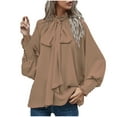 thumbnail image 2 of Htigea Women's Bow Tie Neck Shirts Casual Lantern Sleeve Tops Elegant Dressy Work Blouse Fall Everyday Pullover Khaki S, 2 of 5