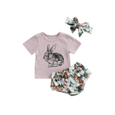 

Farrubbyine8 Newborn Baby Girls Outfits Easter Clothes Rabbit Printed Tops Shorts Bow-Knot Headband