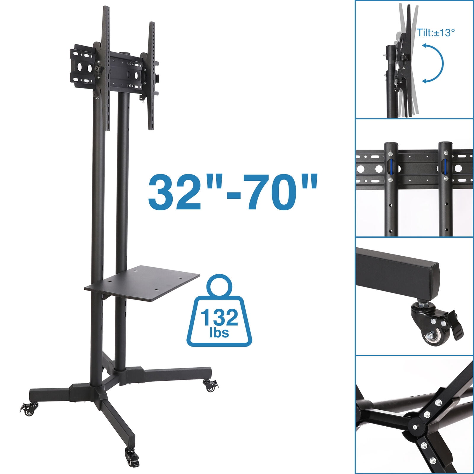 Rolling TV Stand With Shelf & Drawer – Mobile Cart On Wheels For 32-75" TVs, Height & Tilt Adjustable, Swivel Base, Universal Fit For Bedroom Or Living Room