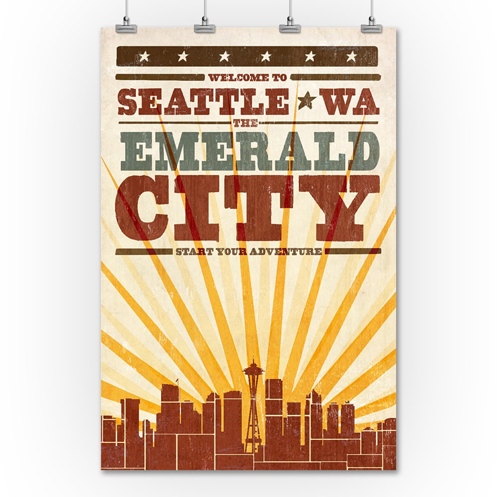 Washington Seattle 24x36 Giclee Gallery Print, Wall Decor Travel Poster Skyline and Sunburst Screenprint Style