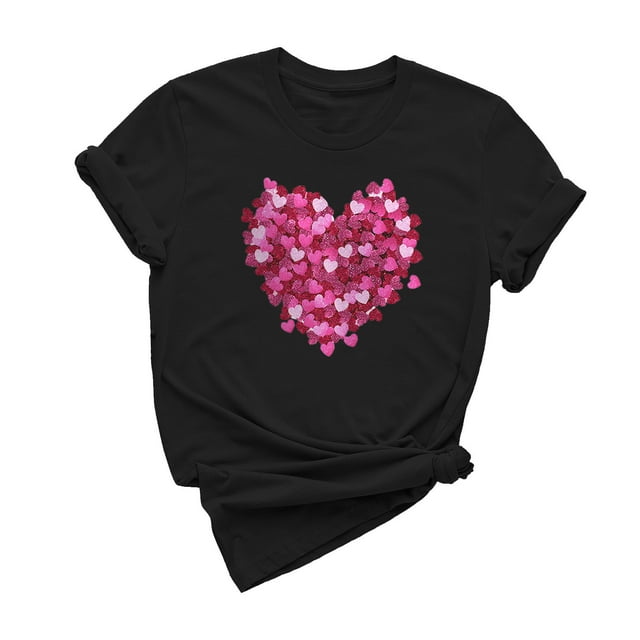 Dealovy T-Shirts pour Femmes Manches Courtes Col Rond Mignon Cœur Imprimé Couleur Unie Décontracté Été T-Shirts Unis