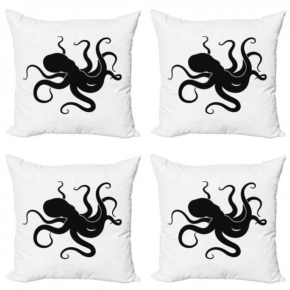 Ambesonne Octopus Throw Pillow Cover 4 Pack, Giant Sea Animal Silhouette, 16", White Charcoal Grey