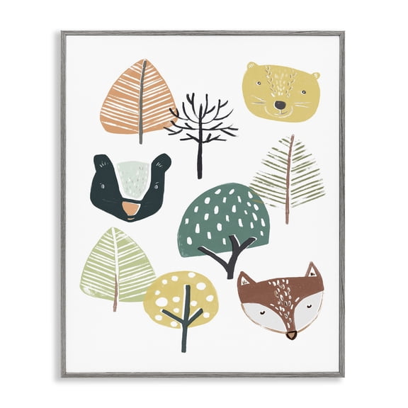 Stupell Industries Eclectic Forest Animal Faces Trees Cartoon Family Design Gray Framed Giclee Art, 11 x 14, by June Erica Vess