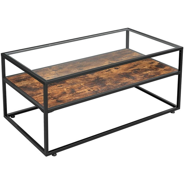 Vasagle Glass Coffee Table For Living Room Rustic Brown And Black Com Vasagle Glass Coffee Table For Living, Glass Rustic Coffee Table With Wheels