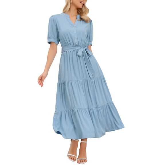 INSPIRE CHIC Maxi Dresses for Women's Puff Sleeve Button Down Short Sleeve V Neck Belted Long Flowy Summer Dress XS Blue