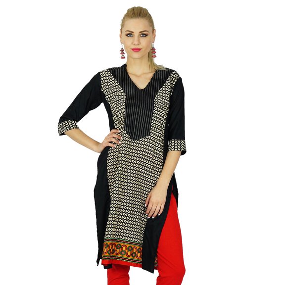 Bimba Women Black Ethnic Kurti Kurta Straight 3/4 Sleeve Top Indian Blouse